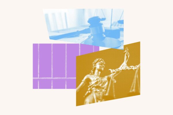 Collage featuring photos of a judge's gavel, prison bars, and a statue of Lady Justice holding scales.