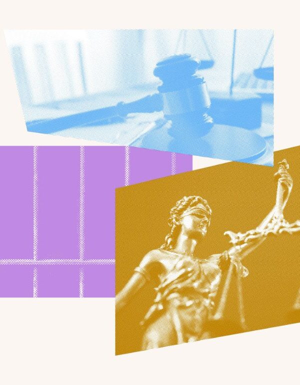 Collage featuring photos of a judge's gavel, prison bars, and a statue of Lady Justice holding scales.