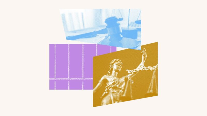 Collage featuring photos of a judge's gavel, prison bars, and a statue of Lady Justice holding scales.