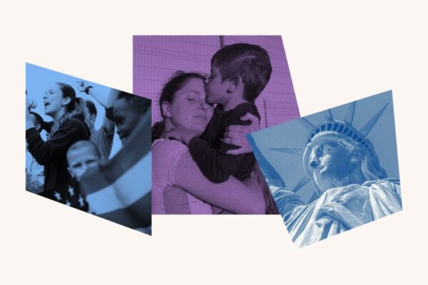 A photo collage featuring a group of protesters, a mother hugging her son, and the Statue of Liberty.