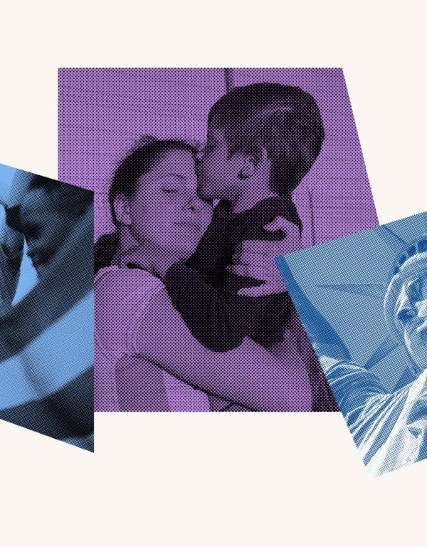 A photo collage featuring a group of protesters, a mother hugging her son, and the Statue of Liberty.
