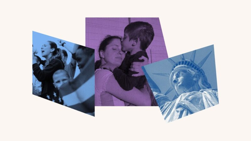 A photo collage featuring a group of protesters, a mother hugging her son, and the Statue of Liberty.