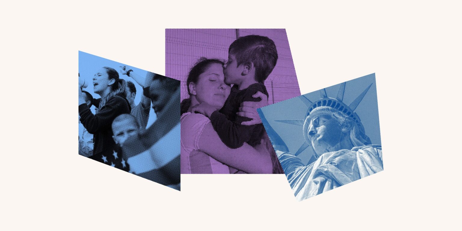 A photo collage featuring a group of protesters, a mother hugging her son, and the Statue of Liberty.