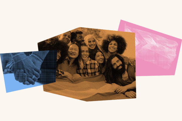 Collage featuring photos of two people holding hands, a group of people with varied identities, and the LGBTQ pride flag.