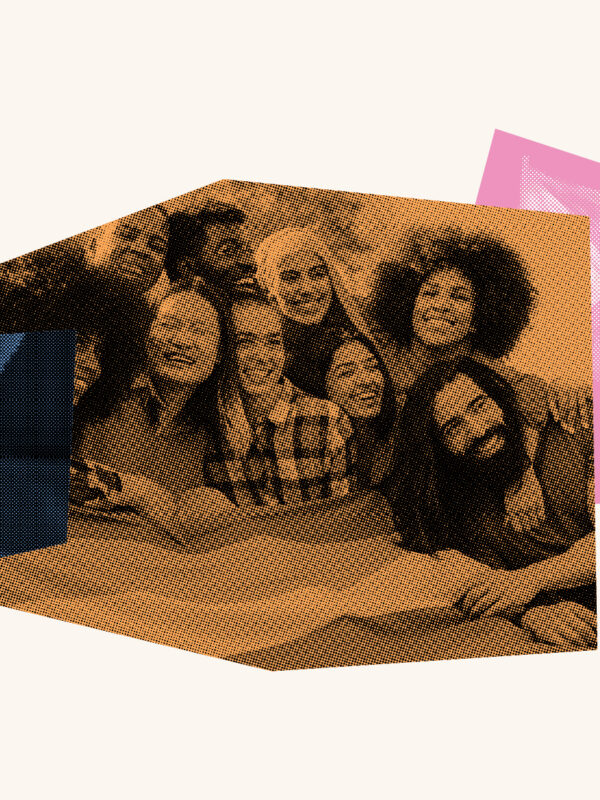 Collage featuring photos of two people holding hands, a group of people with varied identities, and the LGBTQ pride flag.