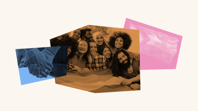 Collage featuring photos of two people holding hands, a group of people with varied identities, and the LGBTQ pride flag.