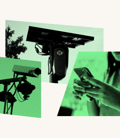 Collage of privacy and surveillance related imagery, including a security camera, an automatic license plate reader, and a person holding a phone.