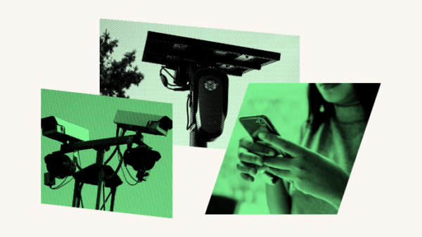 Collage of privacy and surveillance related imagery, including a security camera, an automatic license plate reader, and a person holding a phone.