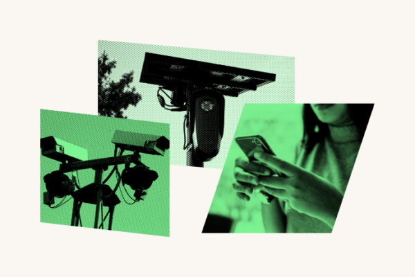 Collage of privacy and surveillance related imagery, including a security camera, an automatic license plate reader, and a person holding a phone.