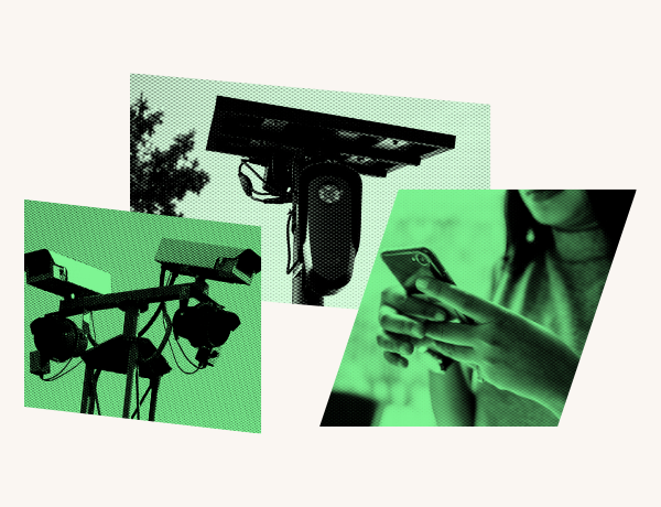 Collage of privacy and surveillance related imagery, including a security camera, an automatic license plate reader, and a person holding a phone.