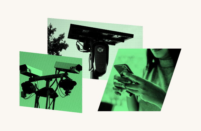 Collage of privacy and surveillance related imagery, including a security camera, an automatic license plate reader, and a person holding a phone.