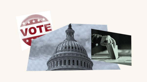 A collage with photos featuring a Vote sticker, the top of the U.S. Capitol, and