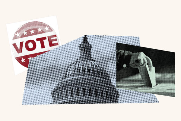 A collage with photos featuring a Vote sticker, the top of the U.S. Capitol, and a hand putting a ballot into a ballot box.