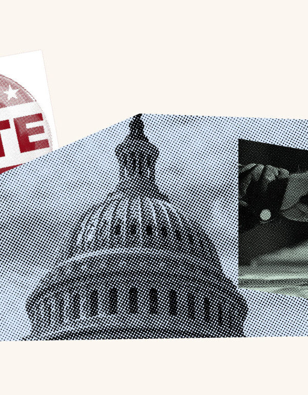 A collage with photos featuring a Vote sticker, the top of the U.S. Capitol, and a hand putting a ballot into a ballot box.