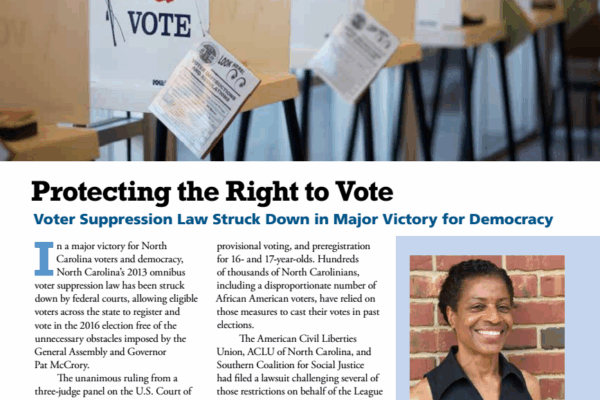Cover of the newsletter with a featured article on protecting voting rights