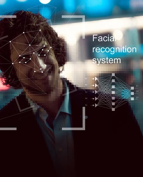 A mockup image of how a computer scans a human face for facial recognition