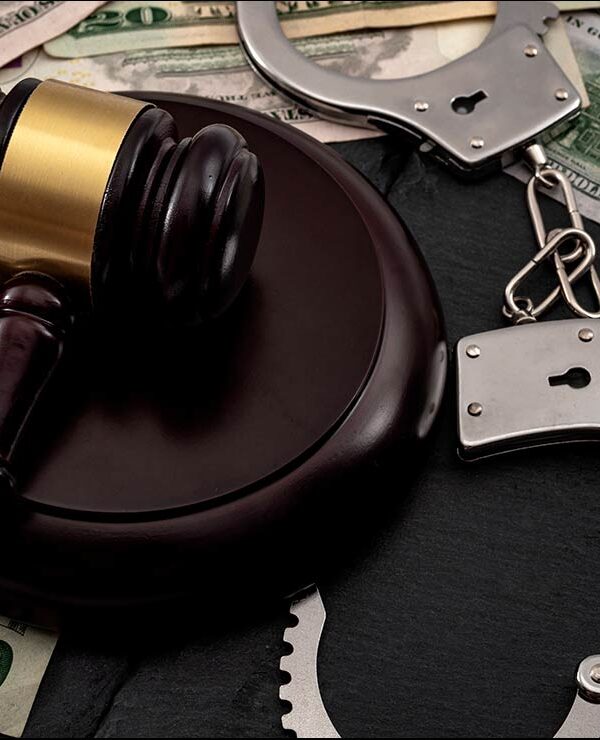 A gavel and a pair of handcuffs on a pile of money.