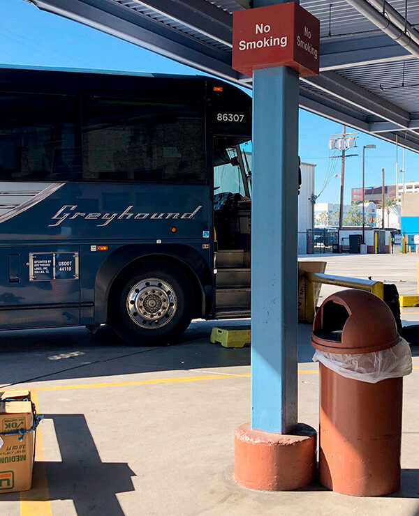 A Greyhound bus parked at a Los Angeles Greyhound bus station. Greyhound has denied the Customs and Border Protection (CBP) officers access to buses to conduct warrantless searches.