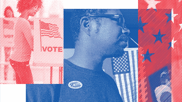 Image showing a woman in a voting booth and a man with an "I voted" sticker