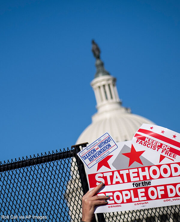 A demonstrator holds up a sign advocating for statehood for Washington, D.C.