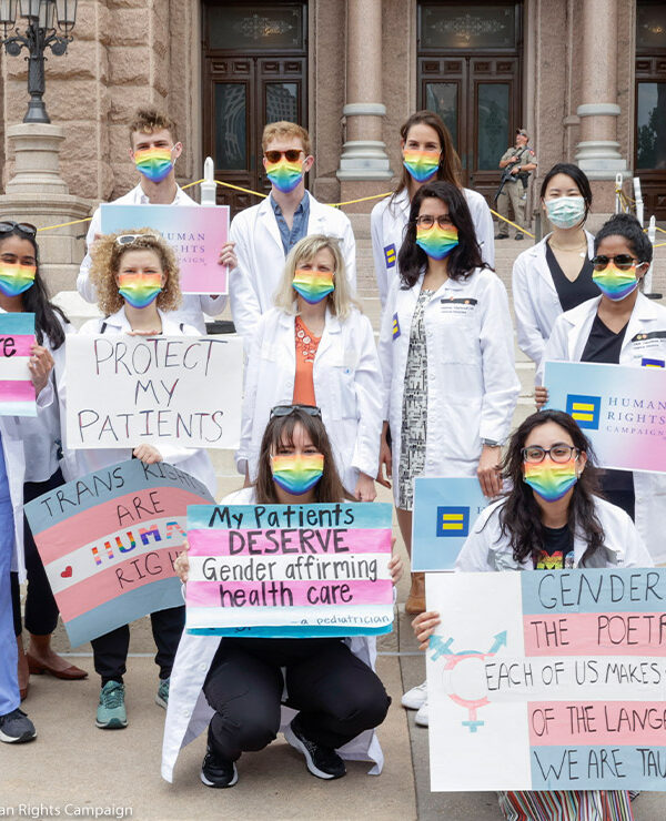 Medical professionals protest Texas legislation that would ban the gender-affirming medical care.