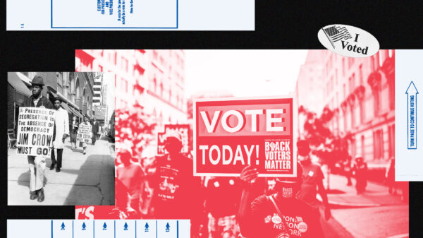 A colorful collage of images related to voting rights activism.