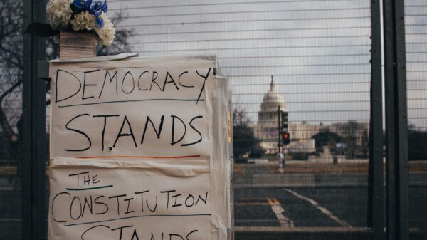 Sign in front of US Capitol "Democracy Stands The Constitution Stands"
