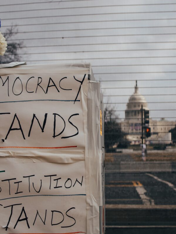 Sign in front of US Capitol "Democracy Stands The Constitution Stands"