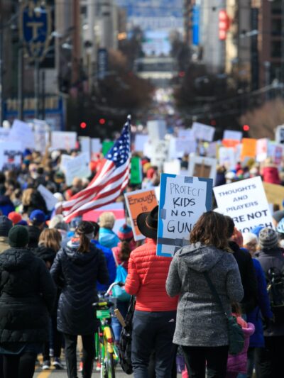 Image of protesters from behind