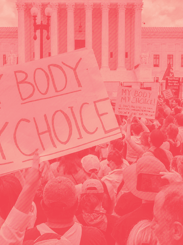 Protest crowd with a sign that says "My Body My Choice"