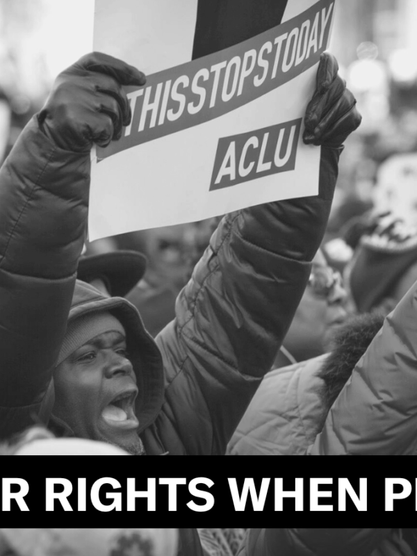 An image of a protest. In the foreground, a Black man holds a sign that says "This Stops Today" with the ACLU logo. The graphic says "Know your rights when protesting" and has the ACLU of NC and an image credit.