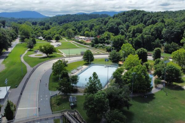 Arial shot of an Asheville park