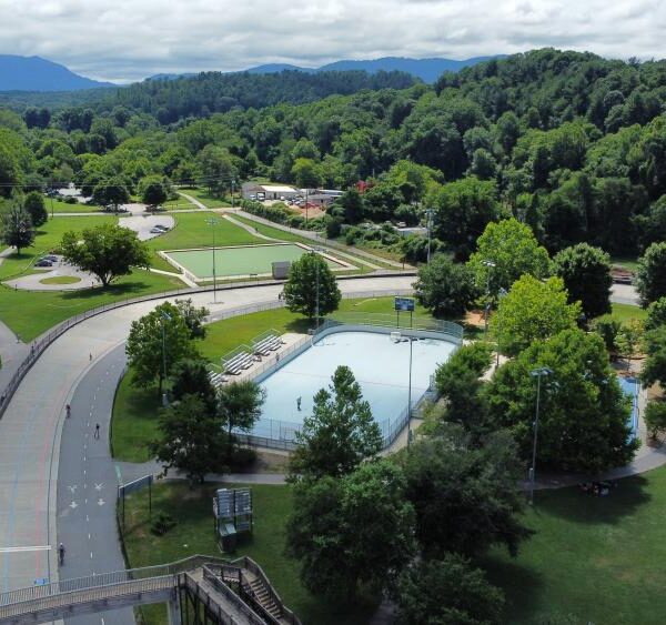 Arial shot of an Asheville park