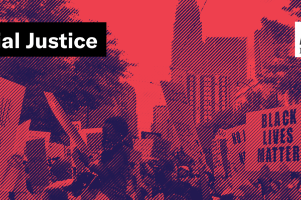 Background: Black Lives Matter protest photo, Text: Racial Justice, ACLU North Carolina