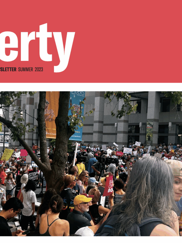 The top half of our Summer 2023 newsletter, which includes the title (Liberty) and a photo from a reproductive rights protest