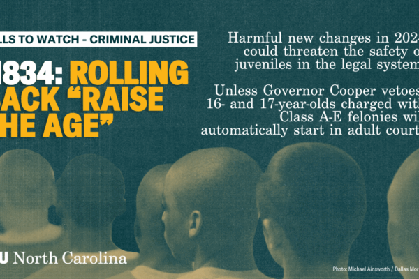 Green graphic with a description of HB 834, which would make harmful changes to the safety of juveniles in the legal system.
