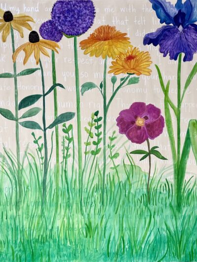 Painting of flowers with messages behind them, not readable in this format