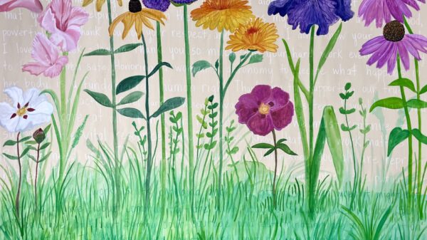 Painting of flowers with messages behind them, not readable in this format