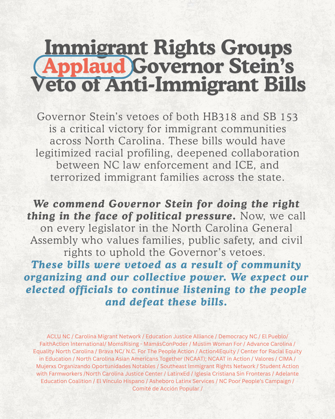 Immigrant Rights Advocates Applaud Governor Stein’s Veto of Anti ...