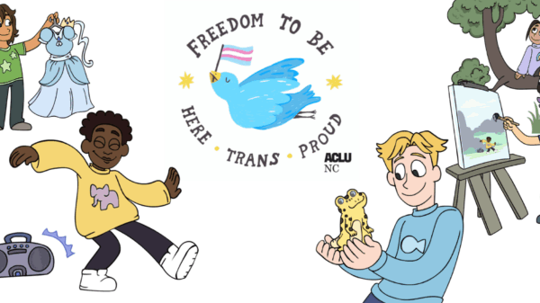 Illustrations of trans youth playing and being happy, a small bird holding a trans pride flag in its mouth, and the words "Freedom to Be: Here, Trans, Proud"