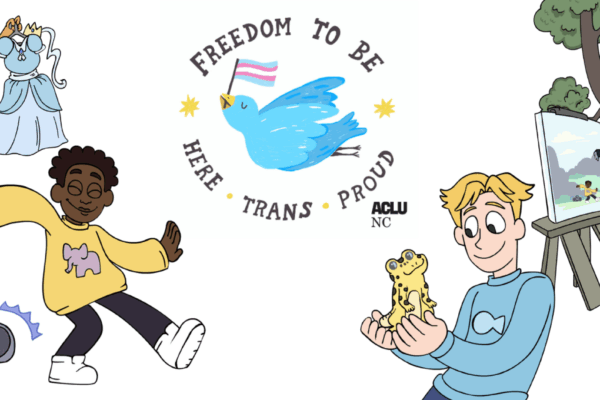 Illustrations of trans youth playing and being happy, a small bird holding a trans pride flag in its mouth, and the words "Freedom to Be: Here, Trans, Proud"