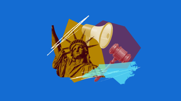 Collage image with the Statue of Liberty, the NC state flag, a megaphone and a gavel.