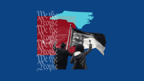 Collage on a blue background with images of the NC flag, an outline of the NC map, and the words "We the People"