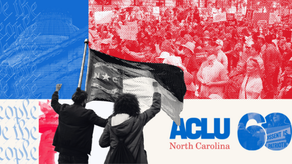 People standing in front of a flag with fist up.  ACLU of North Carolina logo to the lower right.