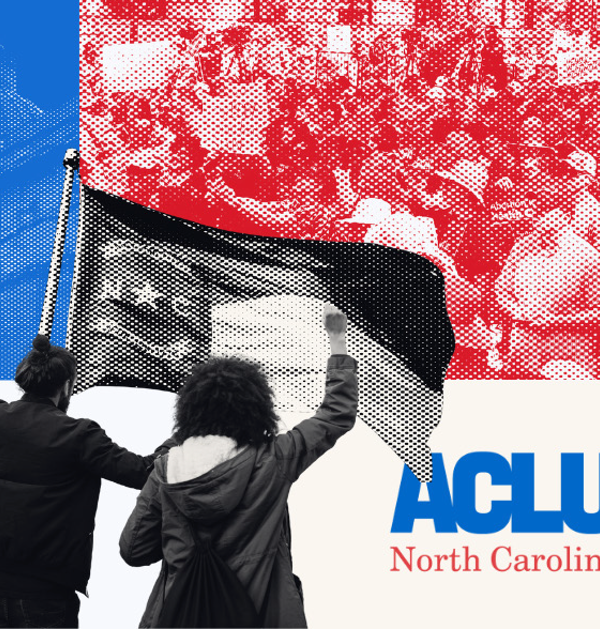 People standing in front of a flag with fist up.  ACLU of North Carolina logo to the lower right.