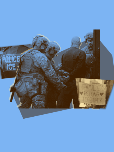 ICE agents arrest an individual with a protest sign saying "Families Belong Together."