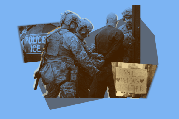 ICE agents arrest an individual with a protest sign saying "Families Belong Together."