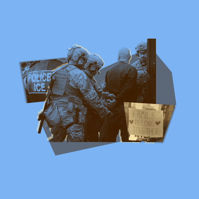 ICE agents arrest an individual with a protest sign saying "Families Belong Together."