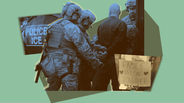ICE agents arrest an individual with a protest sign saying "Families Belong Together."