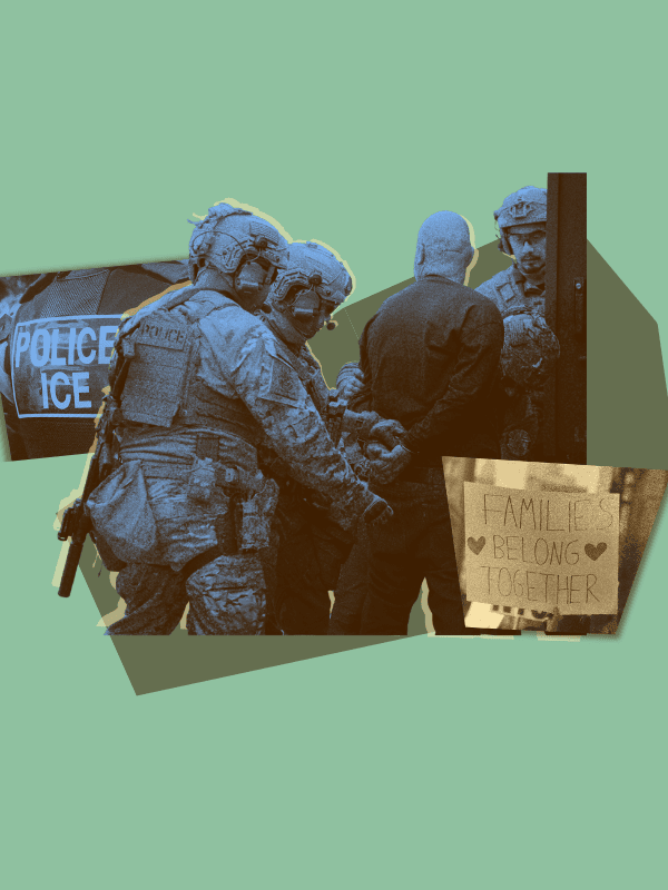 ICE agents arrest an individual with a protest sign saying "Families Belong Together."